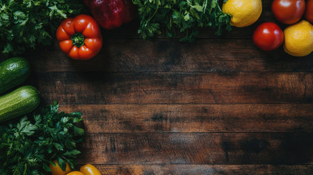 A colorful top-down view of assorted fresh produce on a wooden surface, with clear copy space available for textの素材