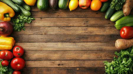A colorful assortment of fresh produce arranged neatly on a wooden background, with copy space available aroundの素材