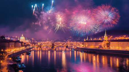 Fireworks exploding in brilliant colors over a European river, providing room for messaging at the bottom.の素材