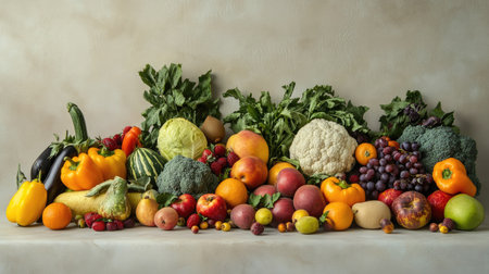 A vibrant collection of fresh fruits and vegetables displayed on a light surface, with generous copy space surrounding the itemsの素材