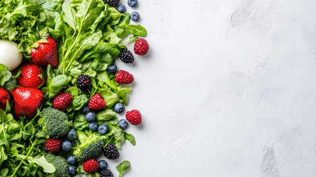 A colorful assortment of fresh produce, including berries and greens, laid out on a light background, with open copy space availableの素材