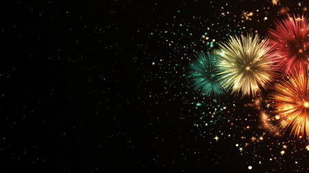 Fireworks in brilliant colors filling the night sky, with space for text or designs below.の素材