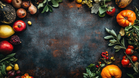 A colorful top-down view of vibrant fruits and vegetables on a rustic background, with generous space for copy availableの素材