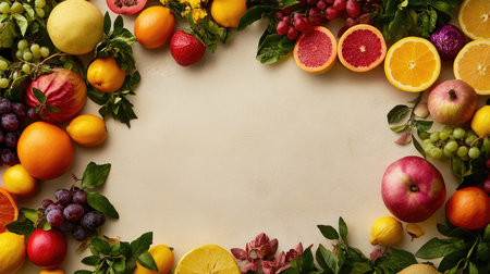 A vibrant collection of fresh produce displayed on a light surface, top view, with ample copy space in the cornersの素材