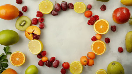 Fresh fruits and vegetables arranged in a circular pattern on a light surface, top view, with copy space in the middleの素材