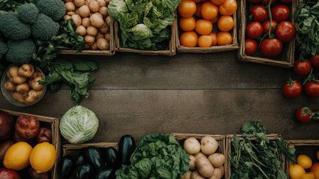 An overhead shot of a variety of fresh produce, with ample copy space available in the frameの素材