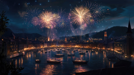 Fireworks lighting up the night sky over a European harbor, providing room for messaging below.の素材