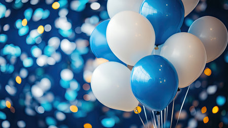 Blue and white balloons floating in front of a festive confetti background, with clear space for copy or textの素材
