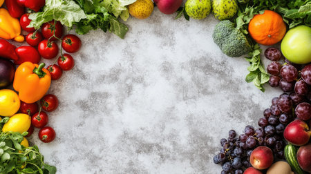 An overhead view of a colorful assortment of fresh fruits and vegetables, with large areas of copy space availableの素材
