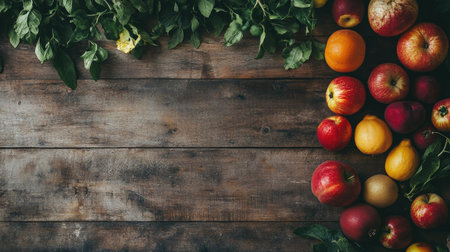 An overhead view of various fresh fruits and vegetables on a rustic wooden surface, with large copy space availableの素材