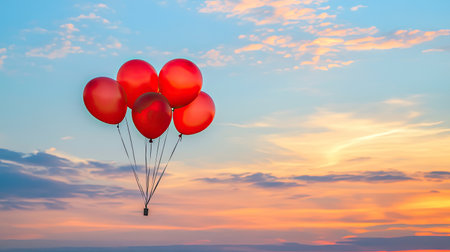 A group of red balloons floating in the sky during sunset, leaving space for designs or text belowの素材