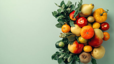 A mix of colorful fruits and vegetables displayed on a plain background, leaving plenty of space for text or graphicsの素材
