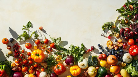 A colorful assortment of fresh produce scattered on a light surface, top view, with ample room for copy spaceの素材