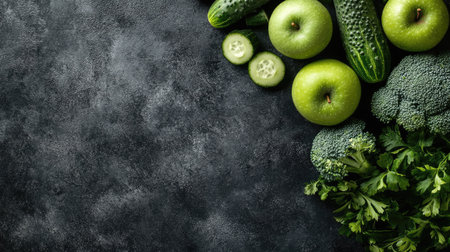 Top view of various fresh produce items like apples, cucumbers, and broccoli, with open copy space around the arrangementの素材