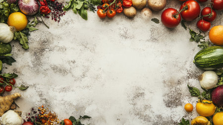 Top view of a variety of fresh produce scattered on a light background, with copy space available aroundの素材