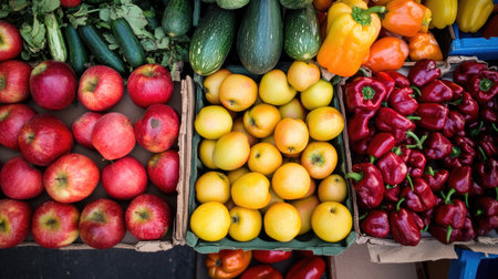 An overhead shot of fresh fruits and vegetables, including apples and peppers, with plenty of copy space on the sideの素材