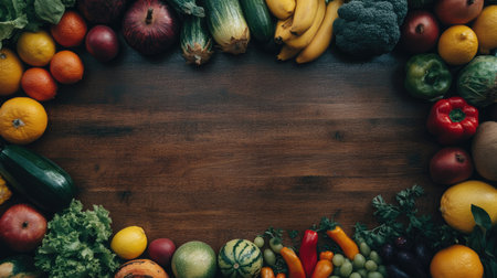 An overhead shot of vibrant fruits and vegetables arranged neatly on a wooden surface, with clear copy space availableの素材