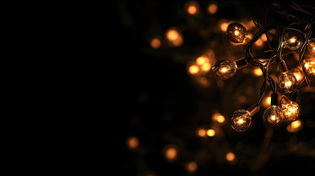 Golden Christmas lights glowing softly against a black background, providing ample room for text or holiday promotionsの素材