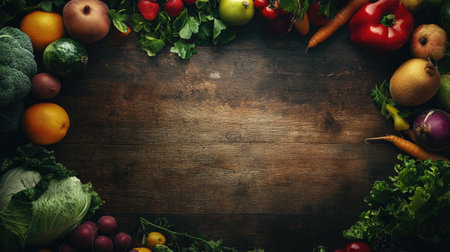 Fresh fruits and vegetables laid out on a rustic table, top view, with plenty of space for copy availableの素材