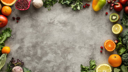 Fresh fruits and vegetables scattered on a plain background, with open copy space available for text or brandingの素材