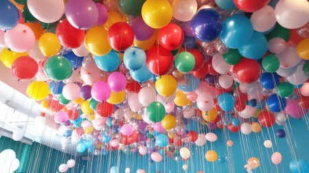 Colorful balloons floating near the ceiling of a party room, leaving ample space for promotional designs belowの素材