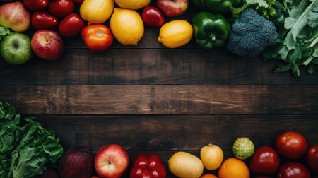 An overhead shot of vibrant fruits and vegetables arranged neatly on a wooden surface, with clear copy space availableの素材