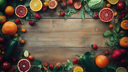 An overhead shot of vibrant fruits and vegetables scattered on a wooden surface, with ample room for copy spaceの素材