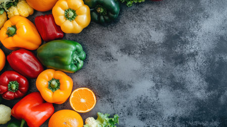 Top view of a rainbow assortment of fresh produce, including bell peppers and oranges, with spacious copy space around the edgesの素材