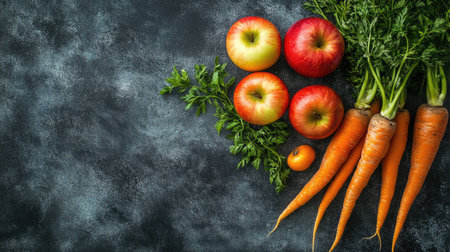 Top view of fresh fruits and vegetables, including apples and carrots, with large areas of copy space availableの素材