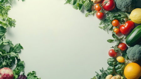 Top view of assorted fresh produce on a light background, leaving room for copy space in the cornersの素材