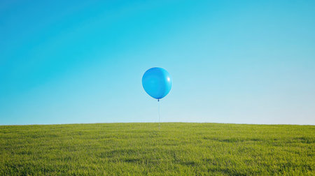 Single blue balloon floating above a grassy field with a clear sky, leaving space for copy belowの素材