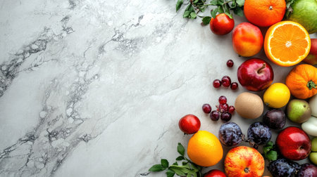 Top view of various fresh fruits and vegetables scattered on a clean surface, with open copy space availableの素材