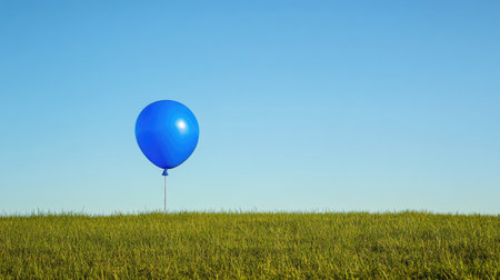 Single blue balloon floating above a grassy field with a clear sky, leaving space for copy belowの素材
