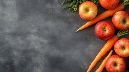 Top view of fresh fruits and vegetables, including apples and carrots, with large areas of copy space availableの素材