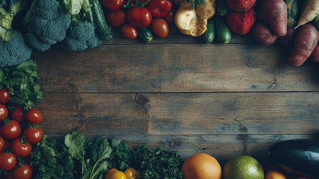 Fresh fruits and vegetables laid out neatly on a wooden surface, with plenty of room for copy space above or belowの素材