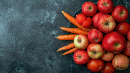 Top view of a variety of fresh produce, including apples, carrots, and tomatoes, with wide copy space surrounding the arrangementの素材
