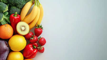 Top view of assorted fruits and vegetables on a clean background, leaving plenty of space for copyの素材