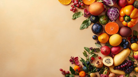 Freshly picked fruits and vegetables in a top-down view on a plain background, with copy space available for textの素材