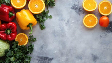 Top view of a rainbow assortment of fresh produce, including bell peppers and oranges, with spacious copy space around the edgesの素材