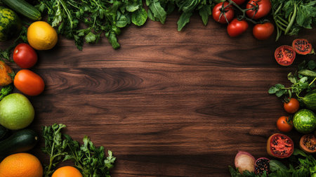 Top view of vibrant fruits and vegetables arranged on a wooden surface, leaving room for copy space above and belowの素材