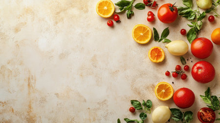 Top view of assorted fresh produce on a light background, leaving room for copy space in the cornersの素材