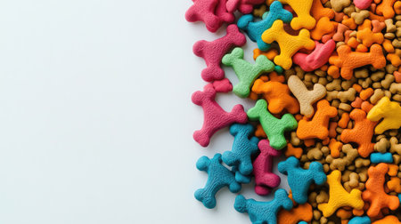 Colorful dog toys mixed with dry dog food, viewed from above on a plain white surface, leaving space for branding or textの素材