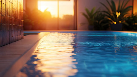 Evening scene by a glowing swimming pool under soft lighting, no people, copy spaceの素材