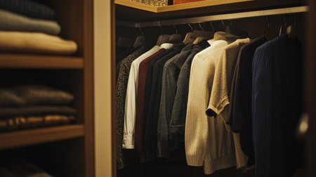 Contemporary wardrobe with hanging shirts and folded sweaters, no people, room for copy spaceの素材