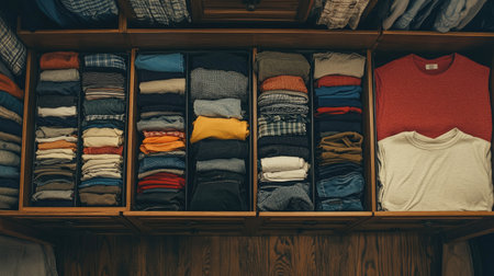 Neatly arranged clothing in open drawers, top view, underwear and t-shirts visible, no people, copy spaceの素材