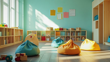 A whimsical 3D school playroom filled with bean bags and wooden toys, empty with copy space on the floor.の素材