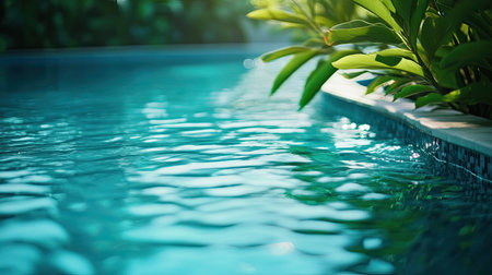 Clear swimming pool in a tropical resort, surrounded by greenery, no people, room for copy spaceの素材