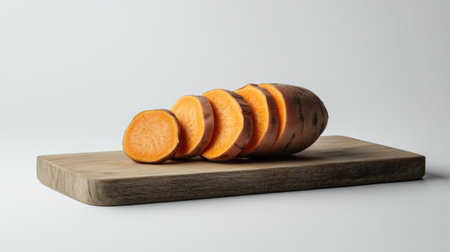 Front view of whole and sliced raw sweet potato on a wooden cutting board, isolated on a white background with ample copy spaceの素材