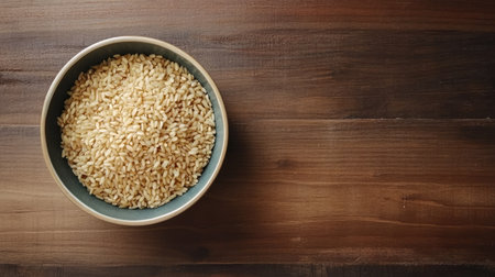 Top view of brown rice in a bowl, placed on a wooden table with plenty of copy space availableの素材