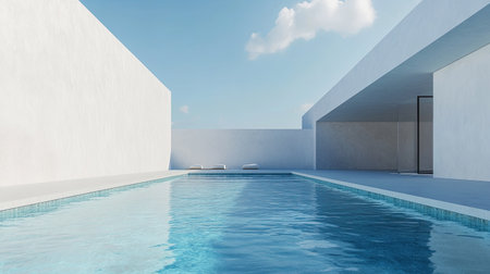Minimalist swimming pool design with light blue water and clean lines. No people, plenty of copy spaceの素材